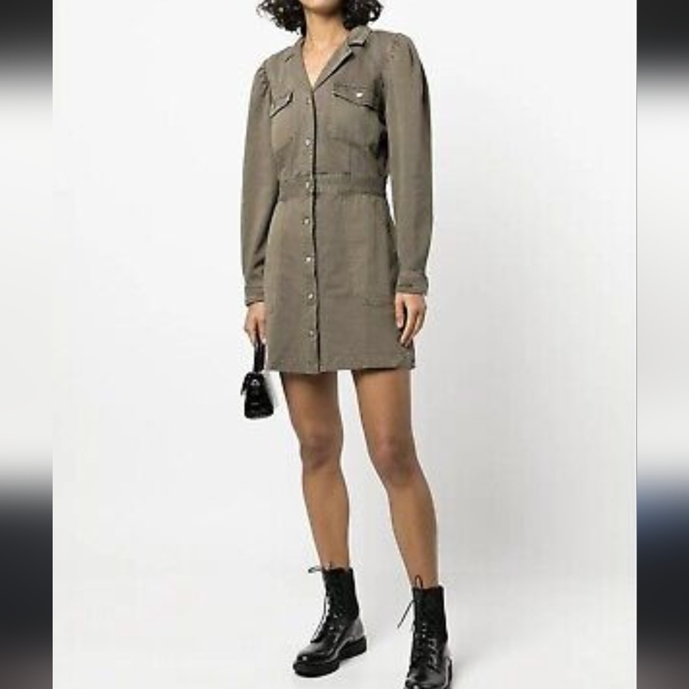 Anthro Rails Lisette Dress S Olive Green Utility Button Down Puff Sleeve